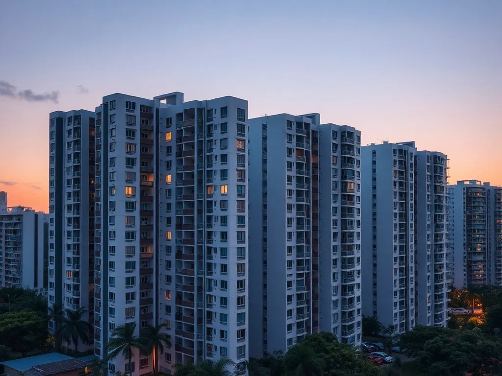 Modern HDB apartment blocks in Bedok South, clean lines, blu