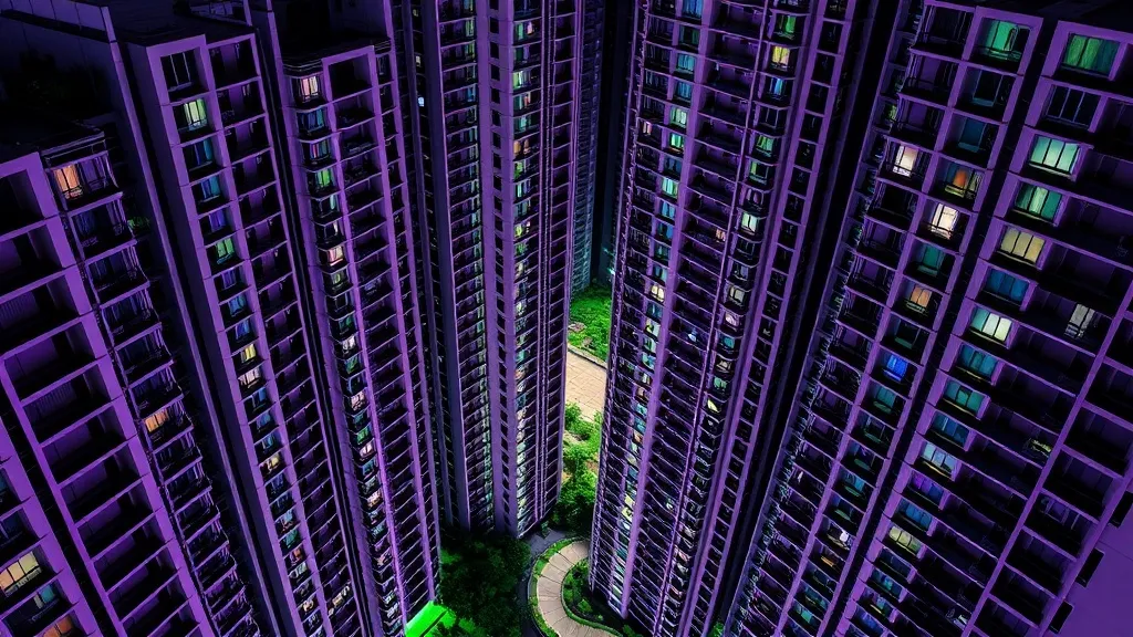 A high-angle architectural shot of Singapore HDB housing blo